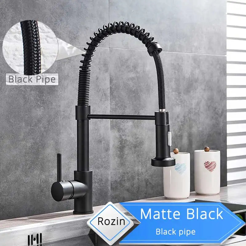 Matte black deck mounted kitchen faucet with flexible coiled spring hose and single hole sleek modern design