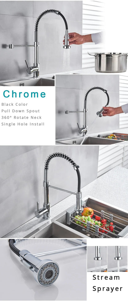Rozin brushed nickel deck mounted kitchen faucet with chrome finish, black flexible hose, single hole, and pull-down spray head