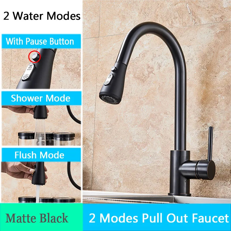 Matte black deck mounted Rozin single hole mixer tap with pull out spout and integrated pause button for dual modes