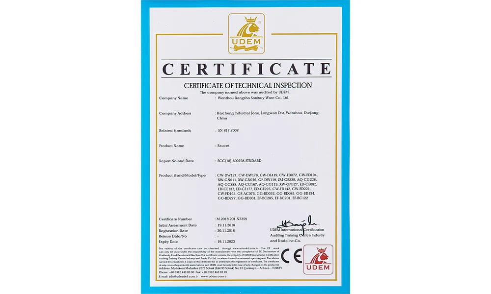 White certificate with blue border and gold lettering issued by udem for rozin chrome deck mounted single hole mixer tap