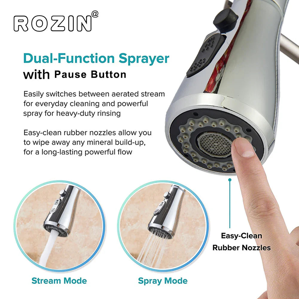 Silver rozin chrome deck mounted single hole kitchen mixer tap with dual-function sprayer and easy-clean rubber nozzles