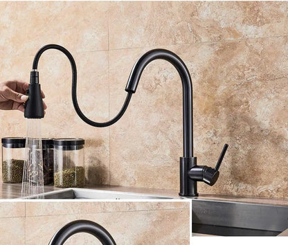 Black matte finish rozin deck mounted single hole kitchen faucet with flexible pull-down spray and mixer tap spout