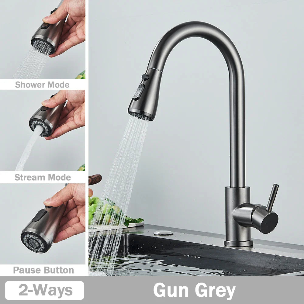 Rozin chrome deck mounted gun grey stainless steel kitchen faucet with single hole pull out mixer tap and spray modes