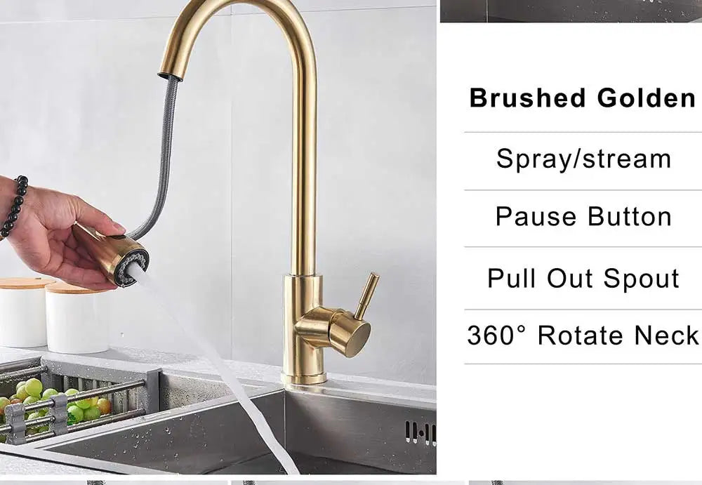 Brushed golden deck mounted rozin kitchen mixer tap with pull out spray head and 360 degree rotating single hole neck