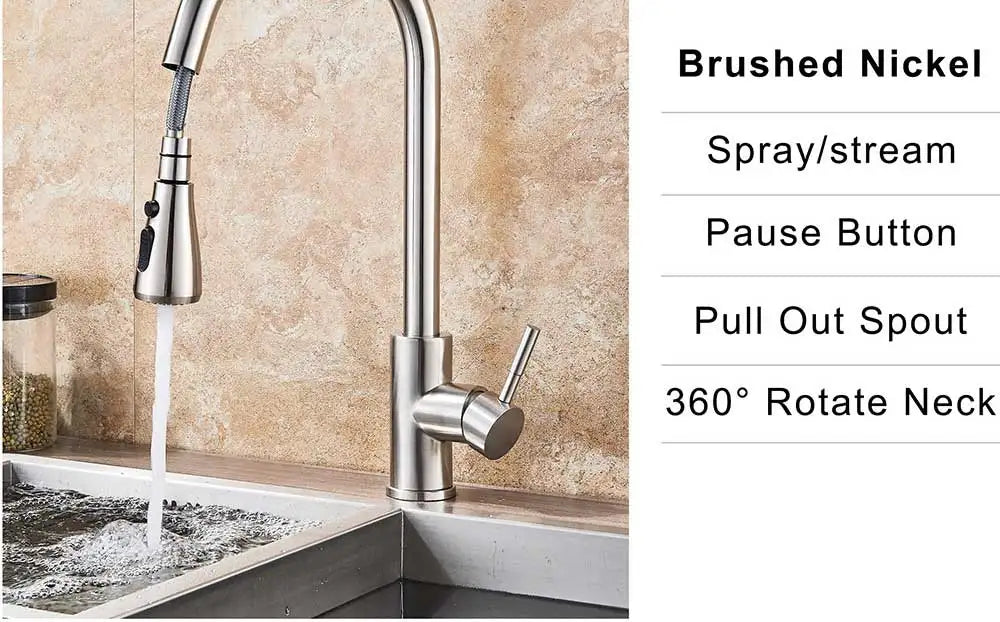 Brushed nickel Rozin chrome deck mounted single hole kitchen mixer tap with pull-out spray and 360-degree rotating spout
