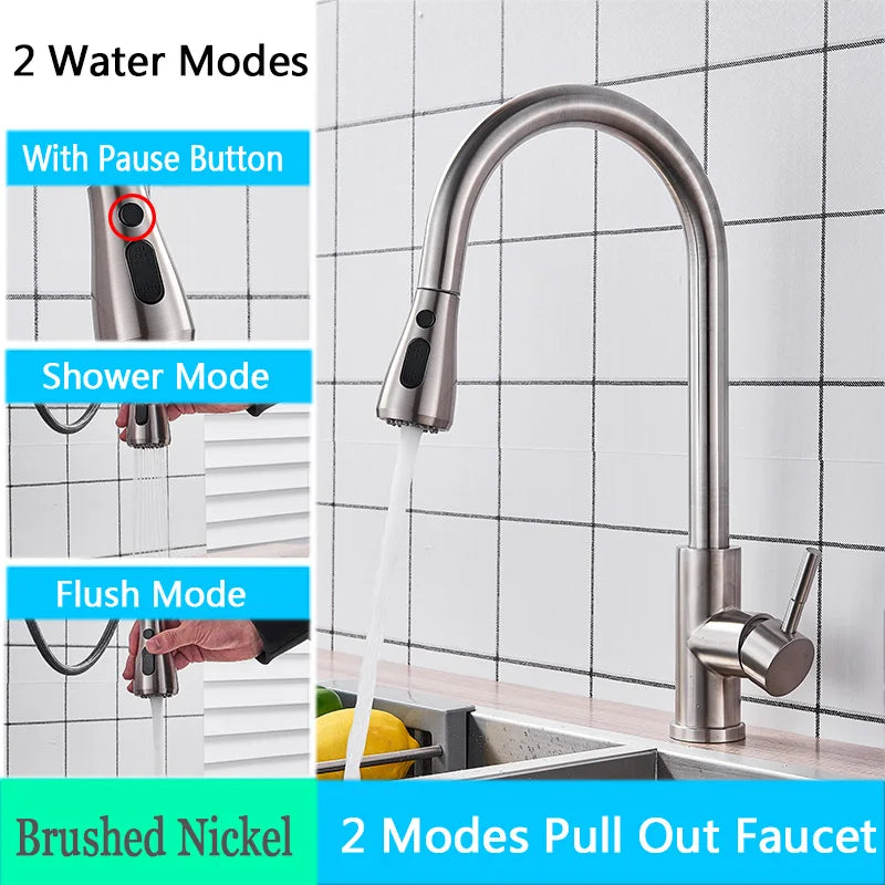 Brushed nickel rozin chrome deck mounted single hole kitchen faucet with pull out spout two water modes and pause button