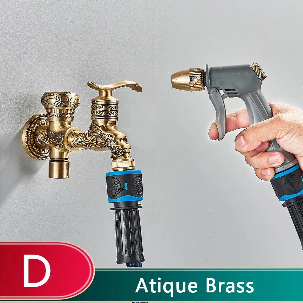 Rozin wall mounted antique brass faucet with ornate lion head design and blue black hose connector for mop pool taps