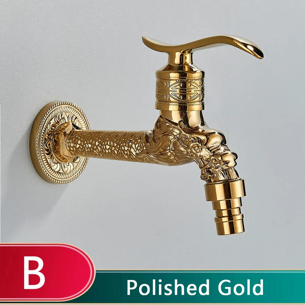 Polished gold ornate rozin wall mounted antique brass faucet with dragon head design for mop pool taps and bidet use