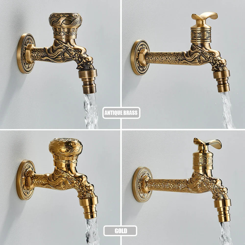 Antique brass rozin wall mounted faucet with gold dragon carving and intricate engravings for mop pool taps use