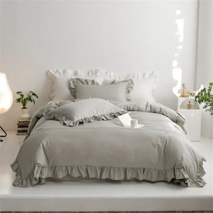 Gray ruffled bedding set with soft flowing fabric and delicate frayed edges for decorbites light green bedroom decor