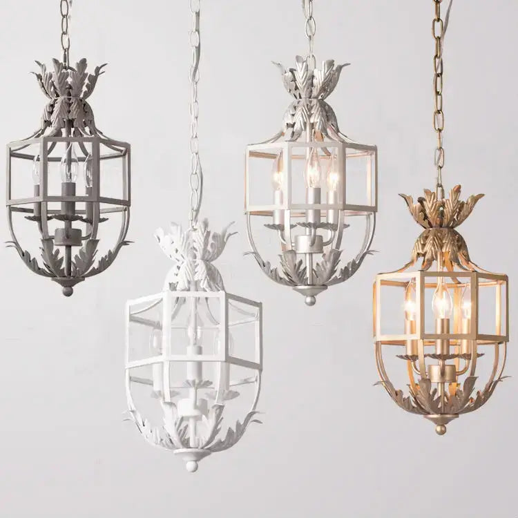 Four ornate pineapple grey gold metal cage pendant lanterns with intricate metalwork for kitchen light decorbites grey gold