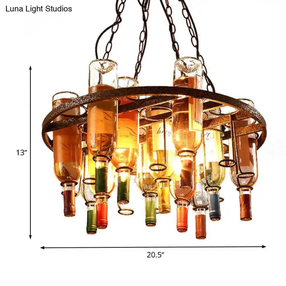 Rustic amber wine bottle chandelier kitchen led pendant light with multicolor glass and dark metal chains for 220v-240v use