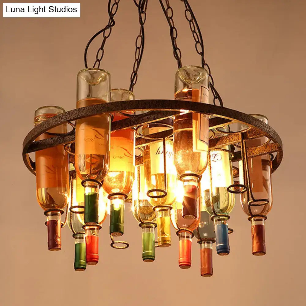 Rustic amber wine bottle chandelier kitchen led pendant light with multicolor glass and dark metal chains for 220v-240v use