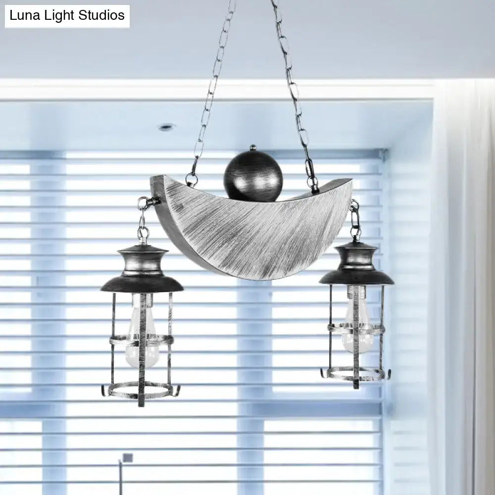Decorbites™ rustic caged shade island lamp with aged silver crescent moon pendant and antique brass lanterns