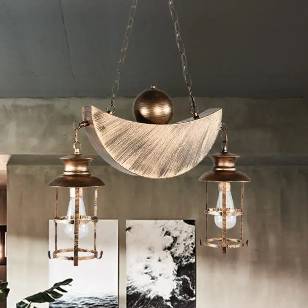 Decorbites rustic caged shade island lamp with antique brass lantern pendant and weathered wooden crescent moon base
