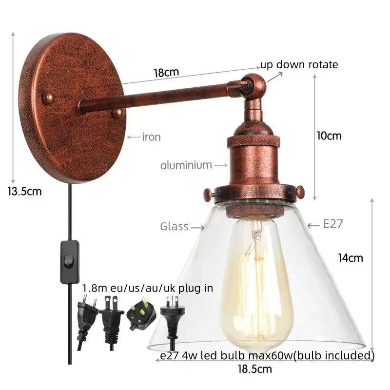 Rustic antique copper wall sconce with clear glass shade and e27 led bulb for bedroom decorbites clear glass lighting
