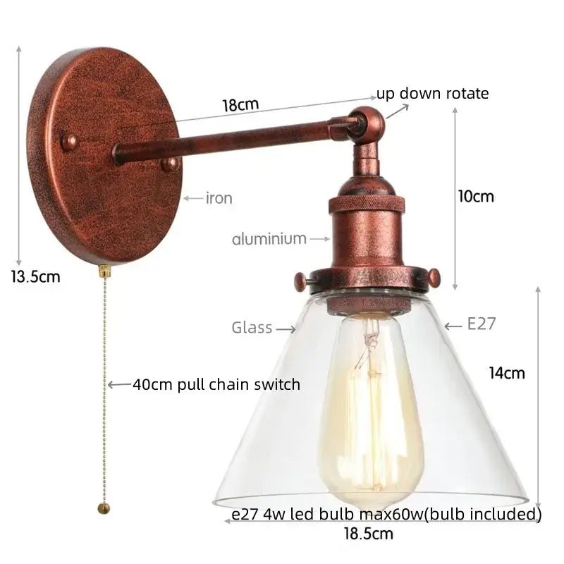 Rustic antique copper wall sconce with clear glass shade and e27 led bulb for bedroom light decorbites clear glass