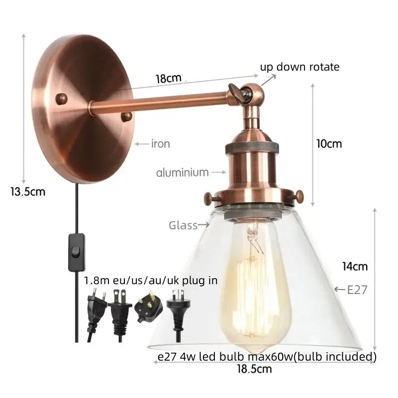 Rustic antique copper wall sconce with clear glass shade and exposed Edison bulb for bedroom decorbites clear glass lighting