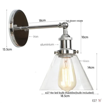 Chrome finished industrial wall sconce with clear glass conical shade and exposed edison bulb for decorbites clear glass collection