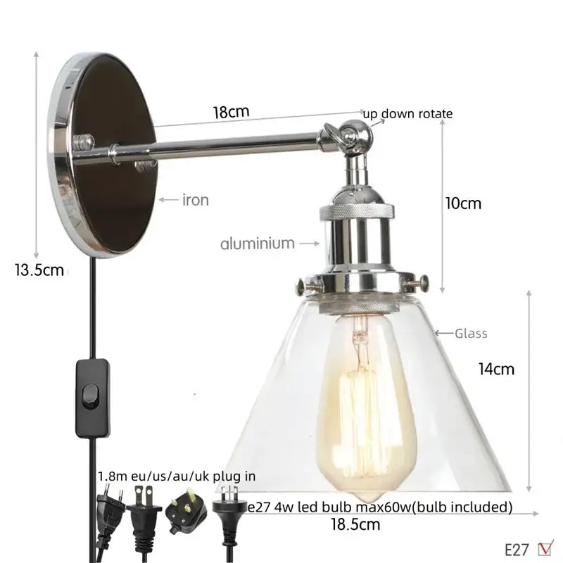 Rustic antique copper wall sconce with chrome iron aluminum arm and clear glass shade housing an Edison bulb for decorbites clear glass
