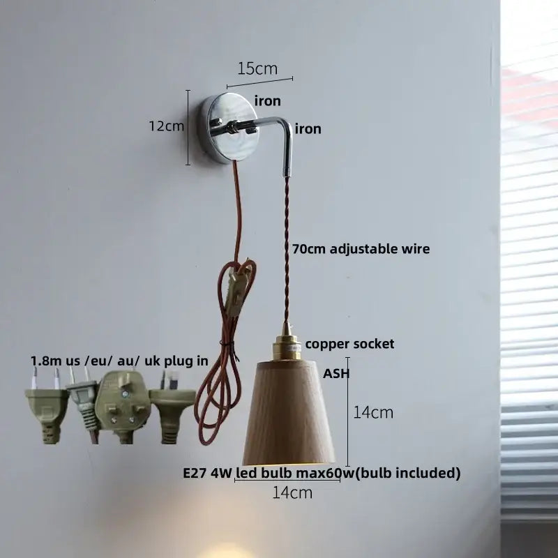 Minimalist wall light with polished iron bracket, adjustable copper wire, and ash wood led shade for bedroom use