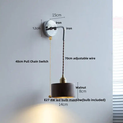 Rustic ash wood led wall light with dark walnut wooden shade brass fixture and pull chain mounted on iron bracket
