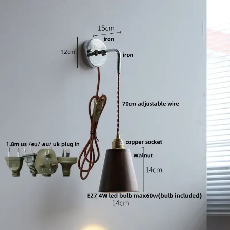 Rustic ash wood led wall light featuring a dark walnut shade, polished iron bracket, and adjustable copper socket