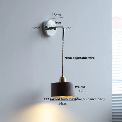 Rustic ash wood led wall light with pull chain featuring a polished iron base and walnut-finished cylindrical shade