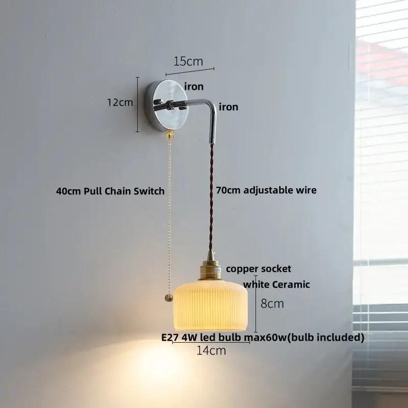 Rustic ash wood led wall light with pull chain featuring a vintage white ceramic ribbed glass shade and iron arm