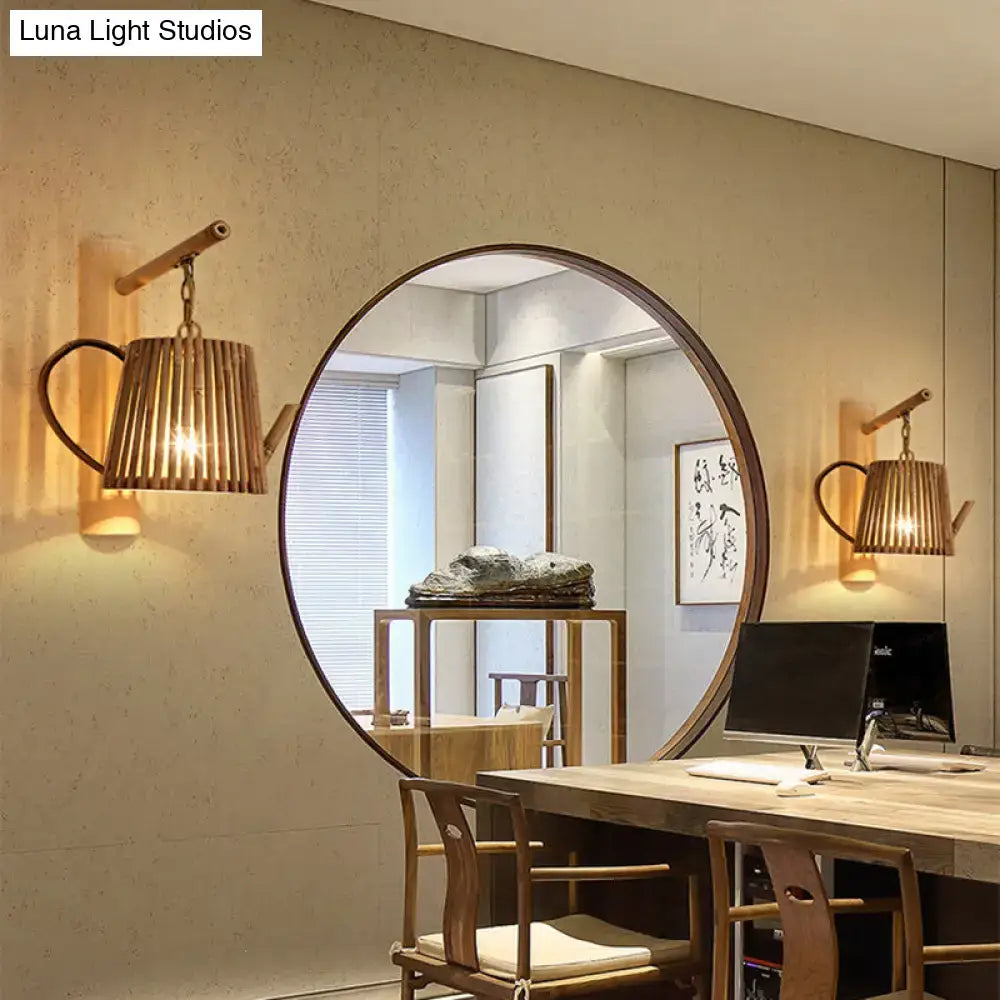 Rustic woven bamboo cylinder house sconce light fixture shaped like a teapot with warm ambient glow for bedroom walls
