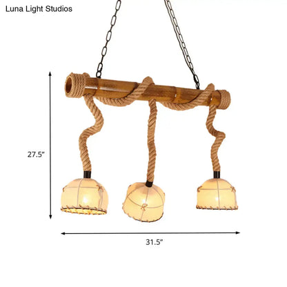 DecorBites bamboo linear island pendant light with bamboo pole, twisted rope, and warm beige fabric shades for 110v-120v use