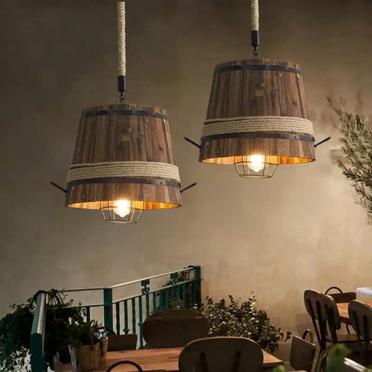Rustic decorbites barrel industrial chandelier featuring wooden barrels with natural rope accents for dining room lighting