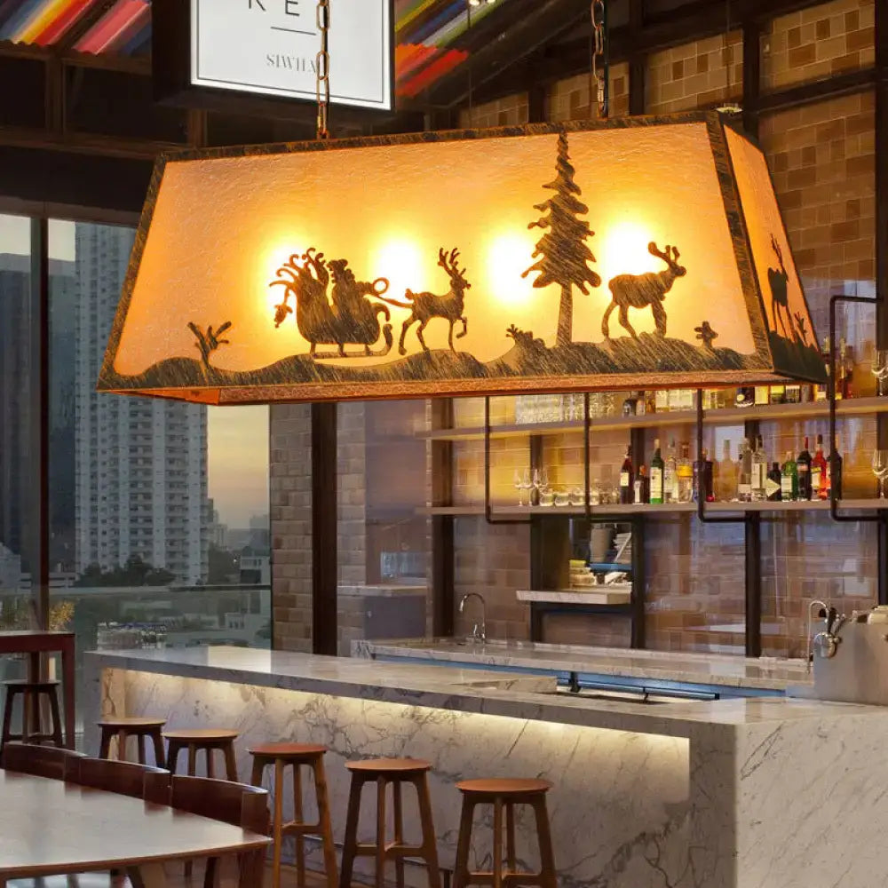 Decorbites™ rustic etched linear island lamp with warm amber backlight wooden frame and reindeer carved silhouette
