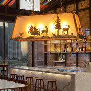 Decorbites™ rustic etched linear island lamp with warm amber backlight wooden frame and reindeer carved silhouette