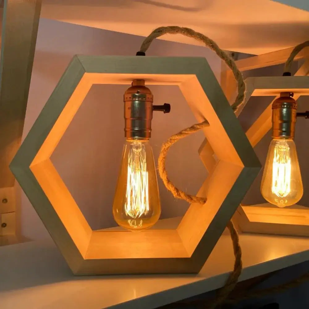 Rustic beige hemp rope pendant light with warm edison bulb hexagonal wooden frame and copper pendant light cable