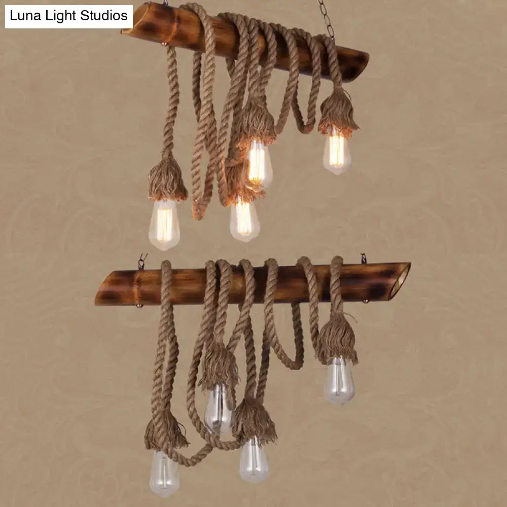 Decorbites™ adjustable rope island light featuring rustic bamboo, thick natural rope, and exposed filament bulbs in beige