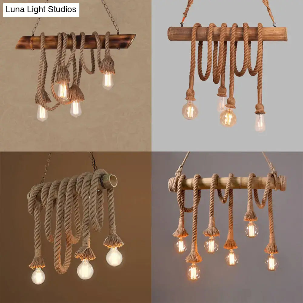 Rustic beige decorbites adjustable rope island light with wooden beam and exposed bulb lights bamboo pendant