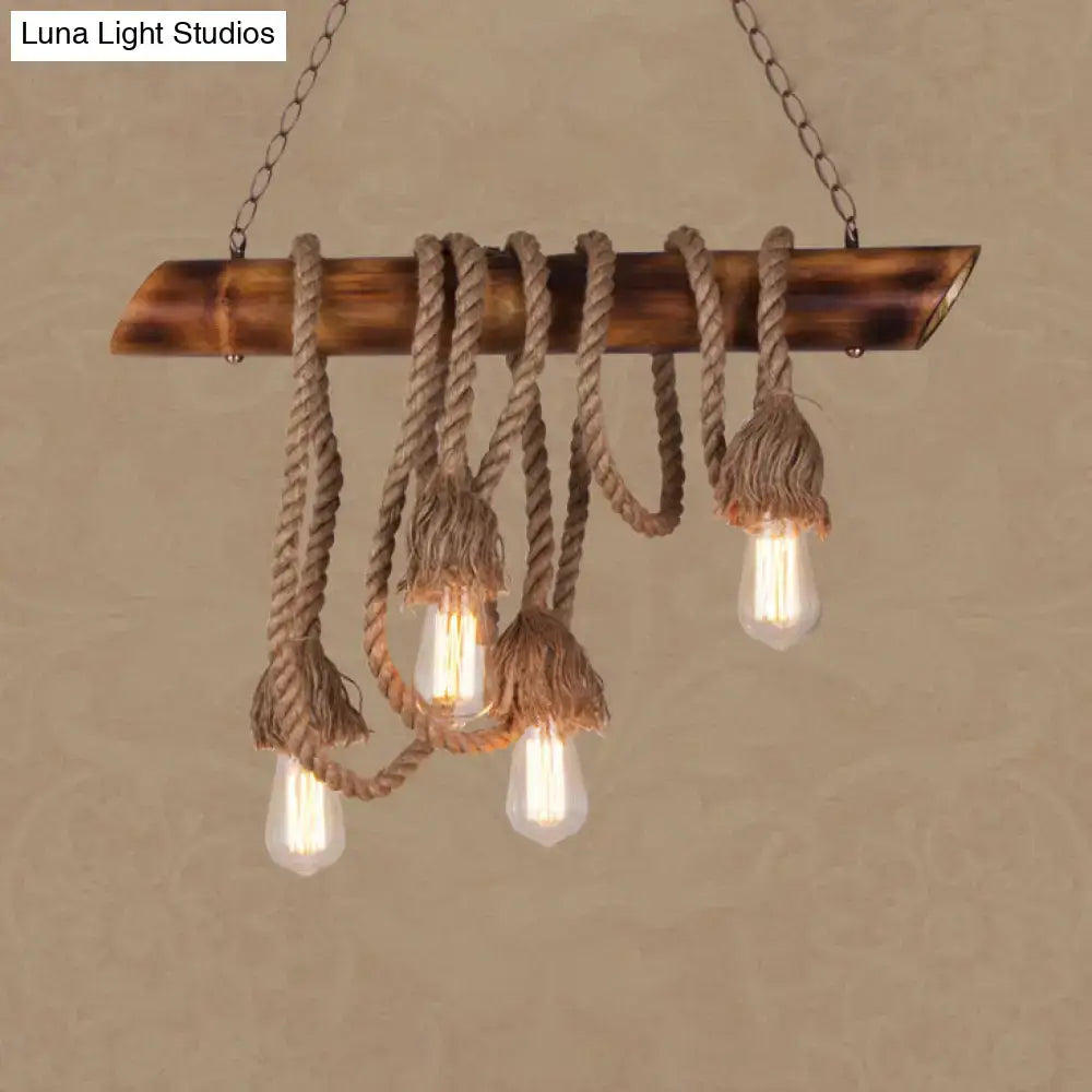 Rustic bamboo pendant with natural rope and exposed filament bulbs in beige decorbites adjustable rope island light