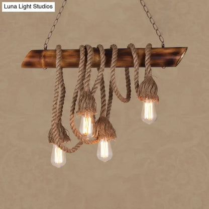Rustic bamboo pendant with natural rope and exposed filament bulbs in beige decorbites adjustable rope island light
