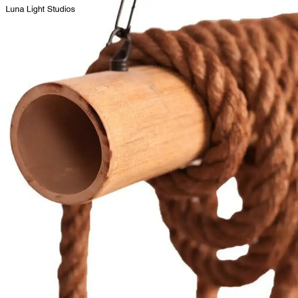DecorBites™ adjustable rope island light with rustic wooden lantern, natural brown finish, braided rope, and black metal hook
