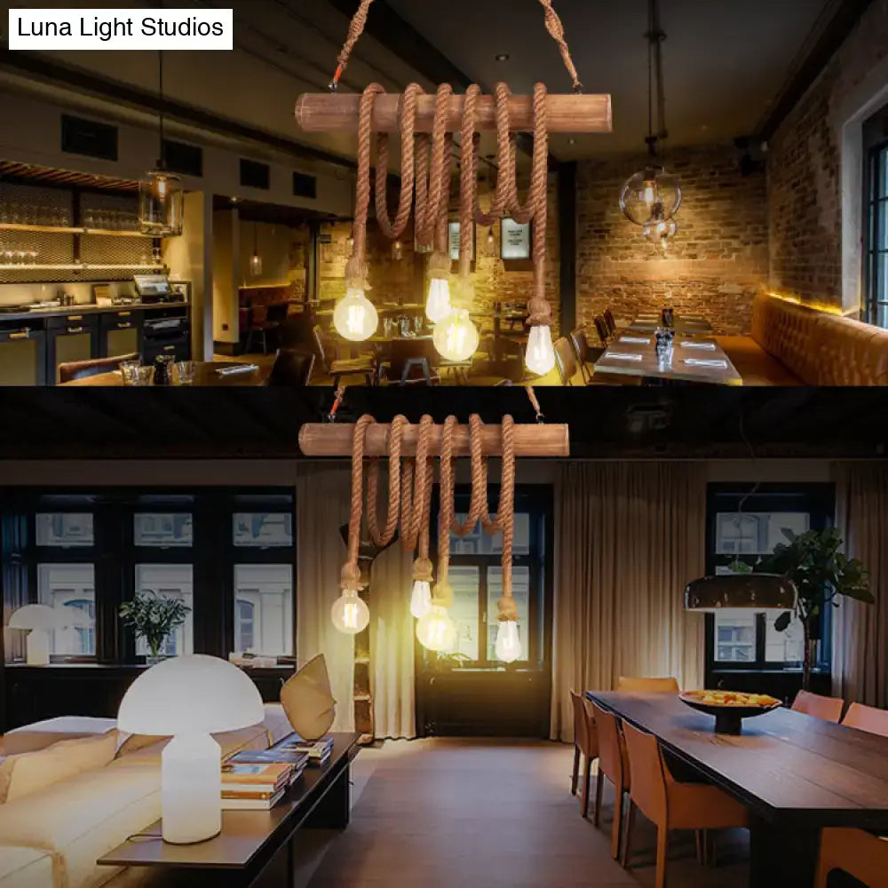 Rustic wooden beam decorbites™ adjustable rope island light in beige with natural rope suspending exposed bulbs