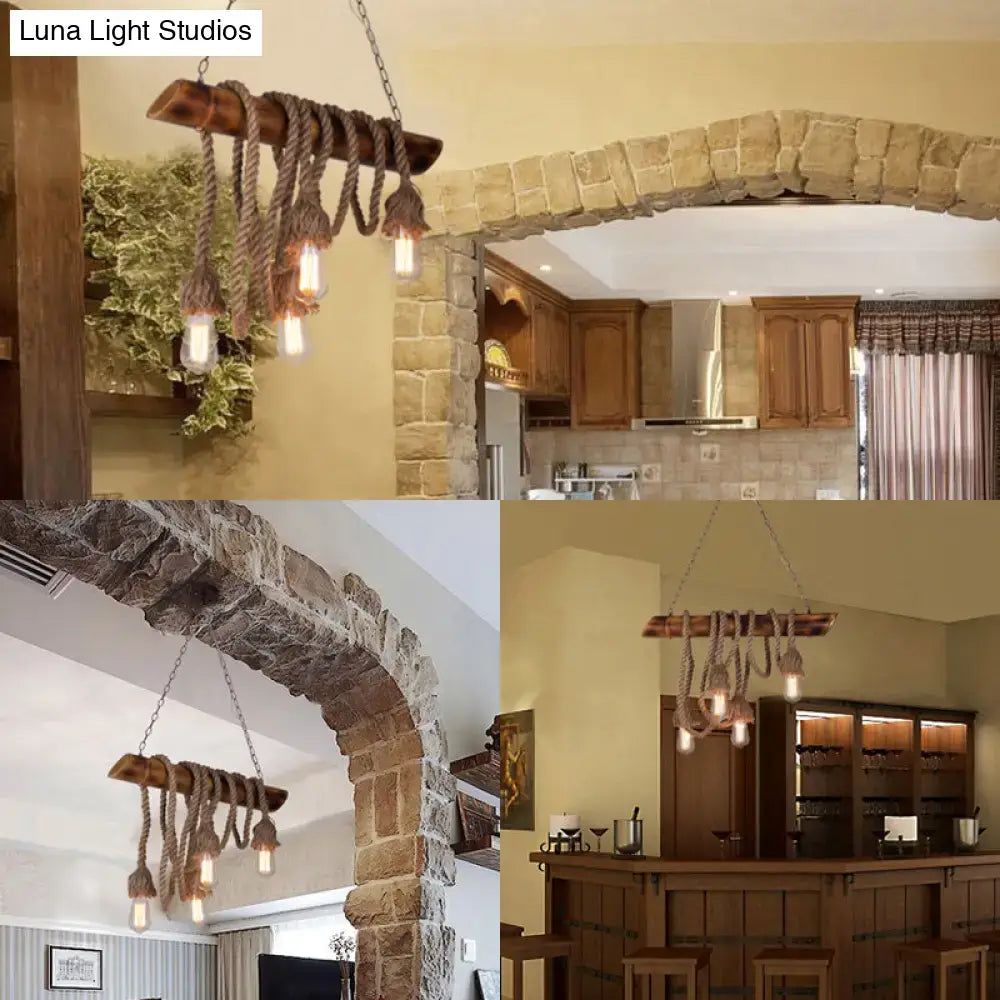 Rustic beige bamboo pendant decorbites adjustable rope island light with thick rope and exposed bulb fixtures