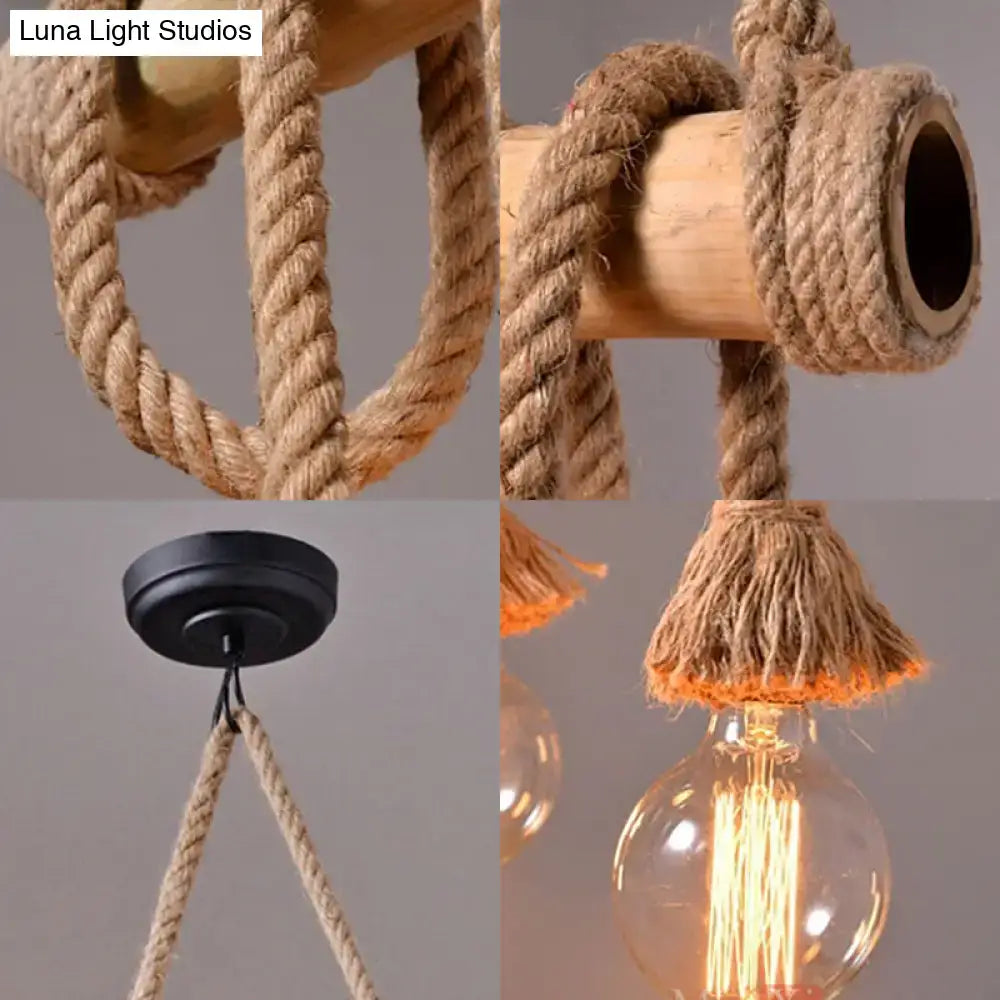 Decorbites adjustable beige rope island light with bamboo pendant and black ceiling mount featuring exposed filament bulb