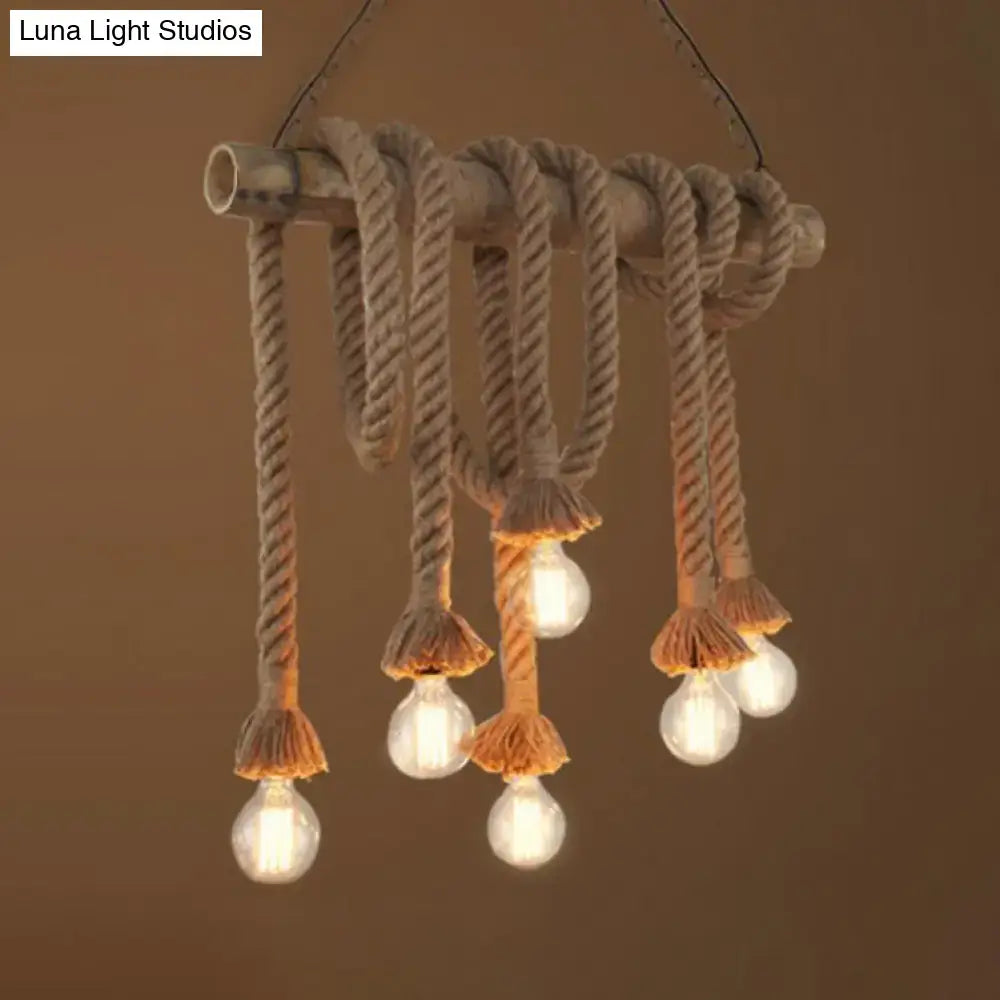 DecorBites™ beige adjustable rope island light with five glowing bulbs and bamboo pendant in rope-wrapped wood design
