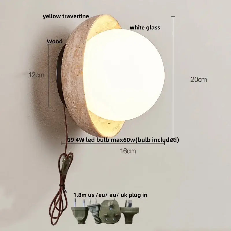 Rustic beige travertine base led wall light with rounded yellow travertine shell and white glass diffuser decorbites led wall