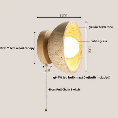 Rustic beige travertine base led wall light with yellow travertine wall sconce and white glass diffuser decorbites led wall