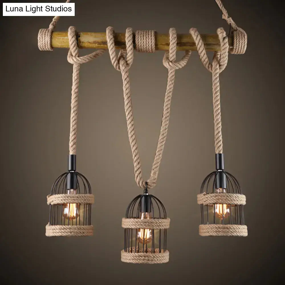 DecorBites™ Farm Birdcage Island lamp rustic ceiling light with three black metal shades and jute rope cord suspension