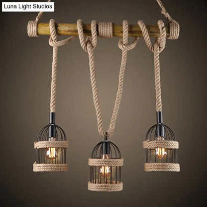 DecorBites™ Farm Birdcage Island lamp rustic ceiling light with three black metal shades and jute rope cord suspension