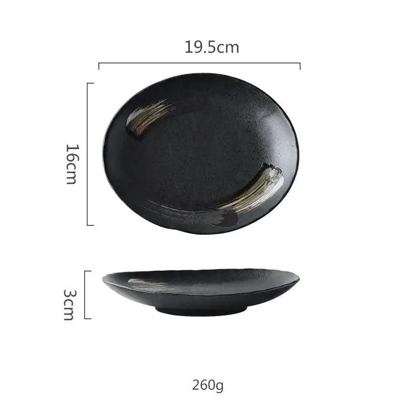 Rustic black ceramic sushi plate with subtle gold brushstroke accents for elegant dining decorbites black ceramic