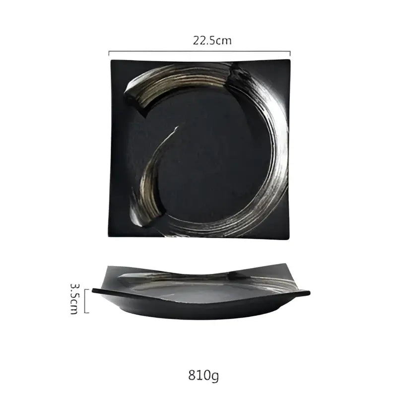 Rustic black ceramic sushi plate with silver brushstroke design for elegant decorbites black ceramic dining room use